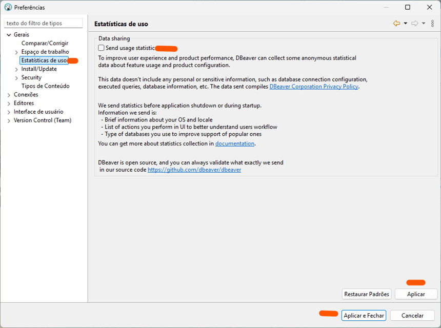 Desativar verificação envio de estatísticas