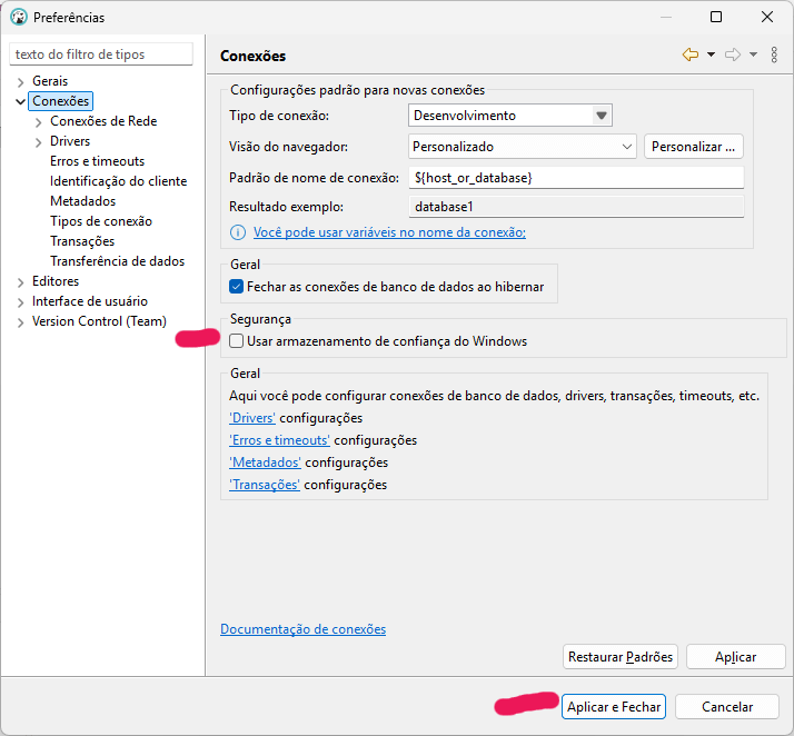 Conexões para download de driver 