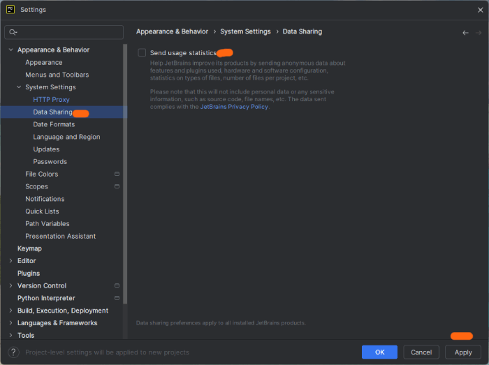 Desabilitando envio de dados